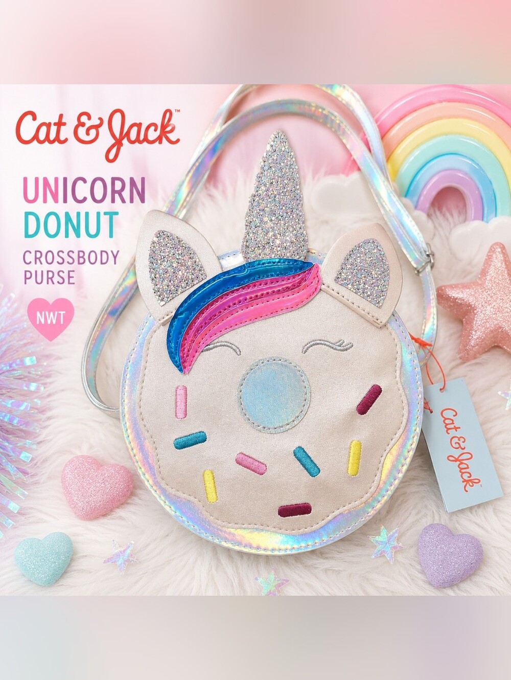 Cat & Jack Unicorn Donut Crossbody Purse Holographic Glitter Girls Bag NWT